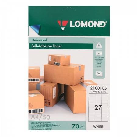 Самоклеящаяся бумага A4 (210x297) 27 наклеек на листе (70x32), 50 листов, 70 гр/м2 (2100185) "Lomond" для струйного принтера