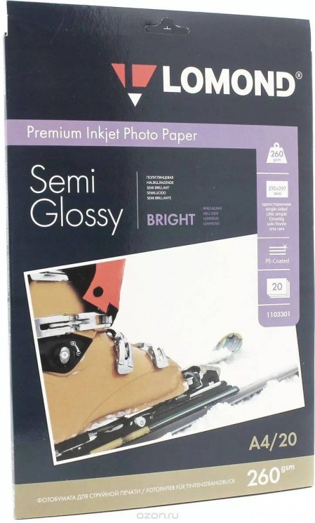 Фотобумага полуглянцевая (Semi Glossy) A4 (210x297), 20 листов, 260гр/м2 (1103301) "Lomond" для струйного принтера