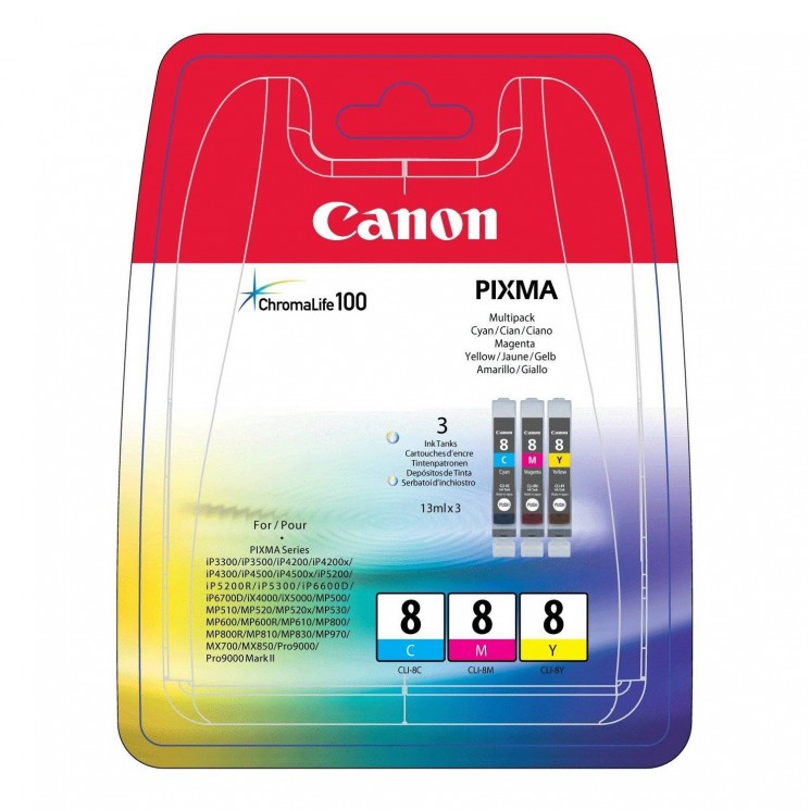 Набор оригинальных струйных картриджей "Canon" CLI-8C/CLI-8M/CLI-8Y Cyan/Magenta/Yellow (CLI-8C/M/Y/0621B029)