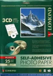 Самоклеящаяся фотобумага для CD/DVD (D 144 мм / D 41 мм) A4 (210x297) 3 наклейки на листе, глянцевая (Glossy), 25 листов, 85 гр/м2 (2411023) "Lomond" для струйного принтера