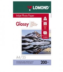 Фотобумага глянцевая (Glossy) A4 (210x297), 25 листов, 200 гр/м2 (0102046) "Lomond" для струйного принтера