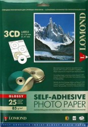 Самоклеящаяся фотобумага для CD/DVD (D 144 мм / D 41 мм) A4 (210x297) 3 наклейки на листе, глянцевая (Glossy), 25 листов, 85 гр/м2 (2411023) "Lomond" для струйного принтера