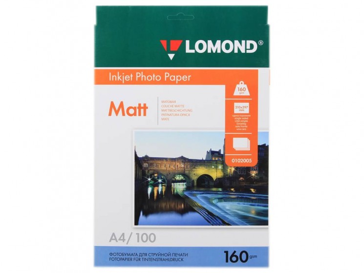 Фотобумага матовая (Matt) A4 (210x297), 100 листов, 160 гр/м2 (0102005) "Lomond" для струйного принтера