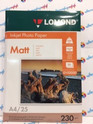 Фотобумага матовая (Matte) A4 (210x297), 25 листов, 230г/м2 (0102050) "Lomond" для струйного принтера